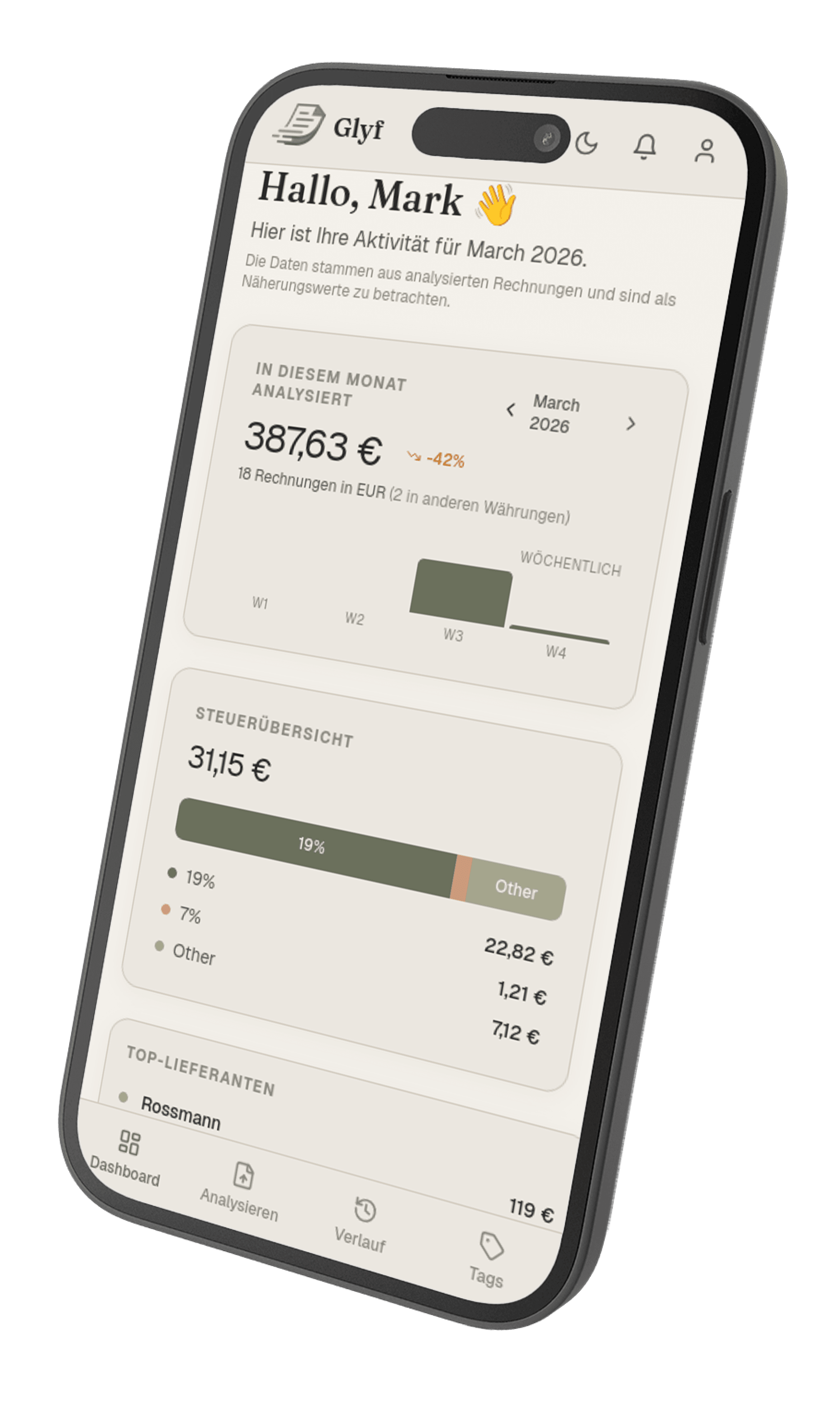 Glyf-Mobile-Dashboard auf dem iPhone mit Ausgabenübersicht